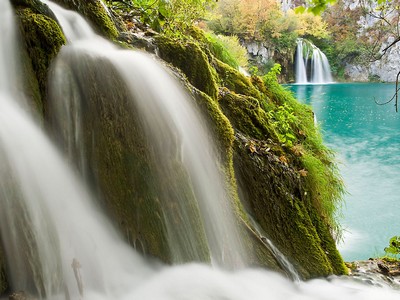 Waterfalls in autumn, Milanovac lake, Downer lakes, Plitvice National Park, Croatia.