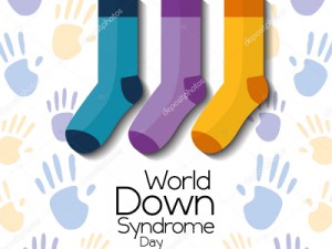 world down syndrome day childrenhood hands and socks card vector illustration